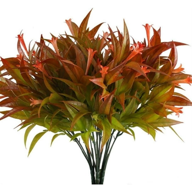Nvzi 8 piezas de plantas falsas para exteriores resistentes a los rayos UV, plantas de césped alto artificiales, flores tropicales falsas, arbustos decorativos, rojo a