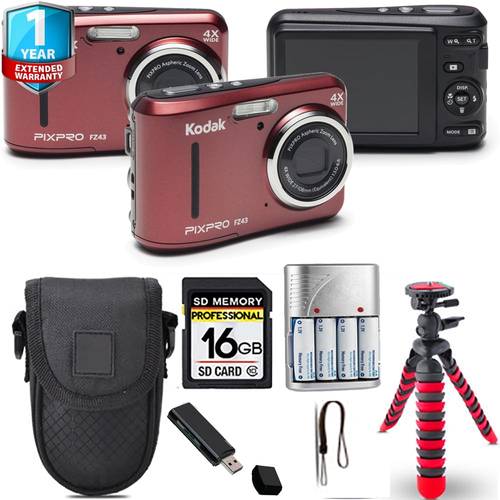 Kodak PIXPRO FZ43 Digital Camera (Red) + Extra Battery + 1 Yr