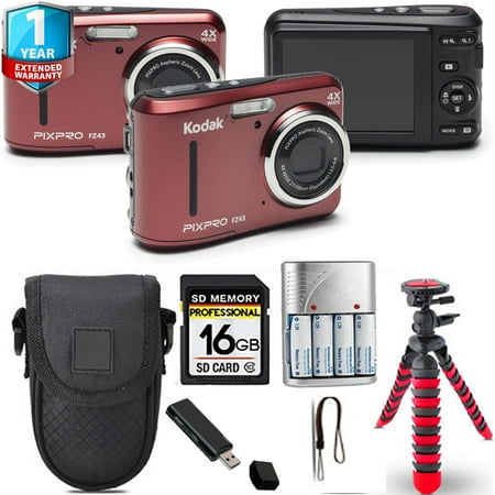 Kodak PIXPRO FZ43 Digital Camera (Red) + Spider Tripod + Case+ 1 Yr Warranty