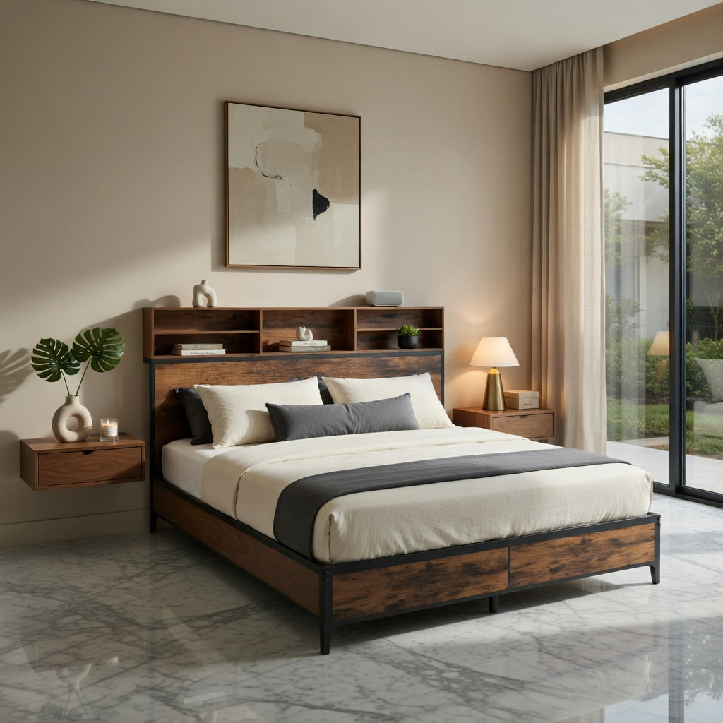 Demi Bonn King Size Bed Frame with Wooden Headboard and Footboard, Industrial Metal Platform Bed Frame with Under Bed Storage, No Box Spring Needed, Brown