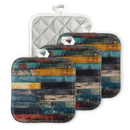 

Bahomeck Pot Holder 4Pcs Wooden Wall With Multicolored Wood Planks (2) Square Heat Resistant Hot Pads For Kitchen Cooking Oven With Hanging Loop Potholder Easy To Store