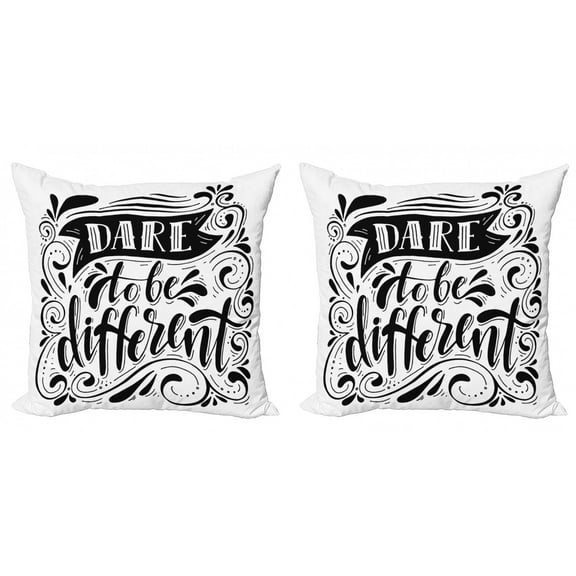 Saying Throw Pillow Cushion Cover Pack of 2, Monochromatic Design Dare to Be Different Lettering Curly Ornaments, Zippered Double-Side Digital Print, 4 Sizes, Charcoal Grey White, by Ambesonne