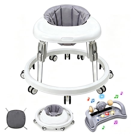 PRVAETU Foldable Baby Walker Activity Center W/ Music Toy Wheels Height Adjustable Foot Pad for 6-18 Months Babies Infant Boys Girls Grey