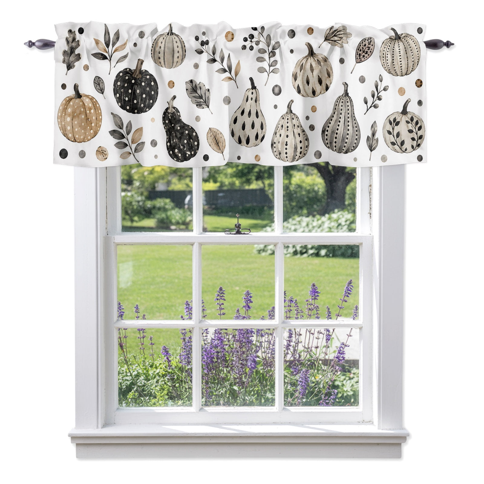 Neutral Line-art Pumpkins Valances for Windows Rustic Fall Polka Dot Gourd Leaf Rod Pocket Light Filtering Short Window Treatments Curtains for Kitchen Bathroom Bedroom, 1 Panel, 42 x 12 Inch