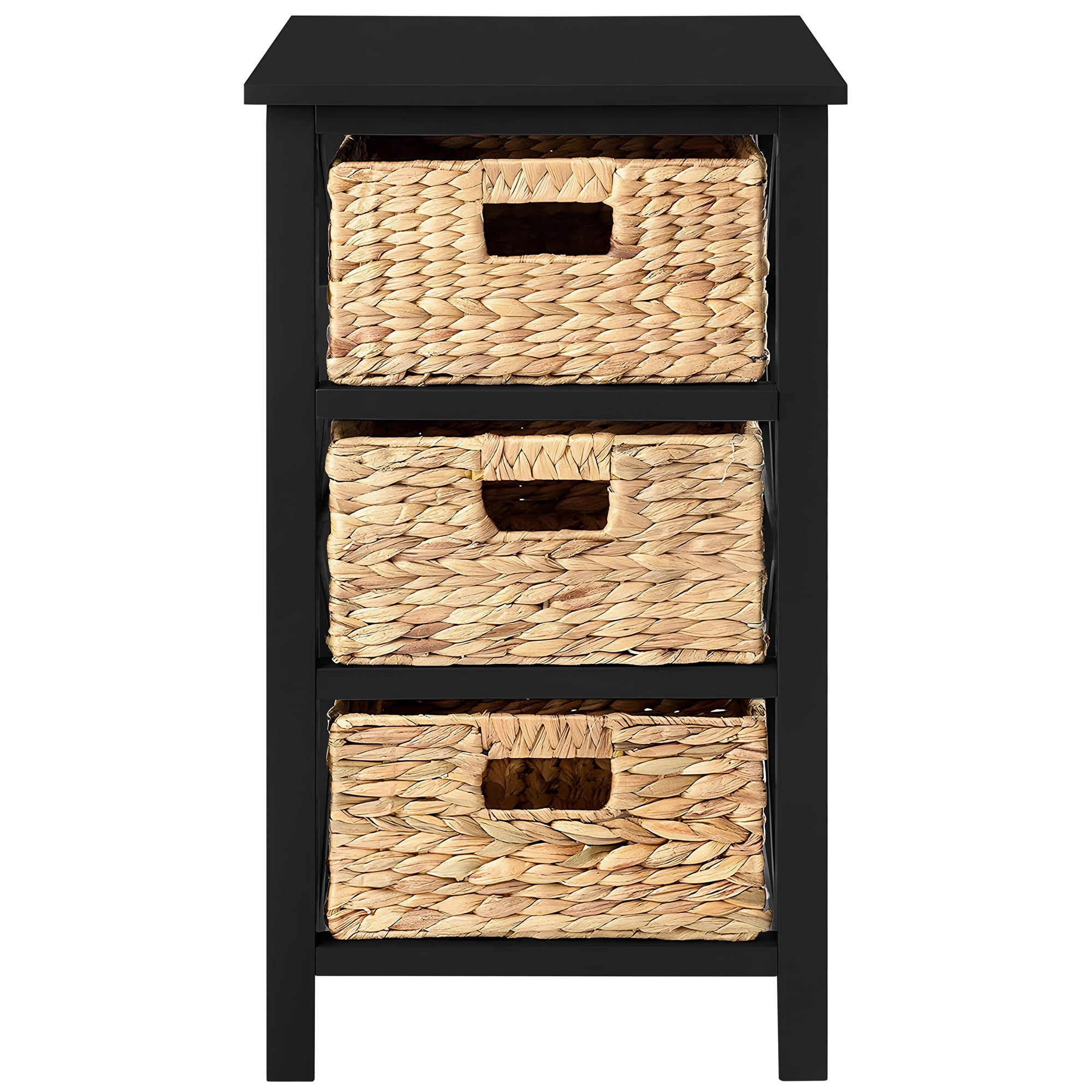 eHemco 3 Tier X-Side End Table Side Table Storage Cabinet with 3 Natural Water Hyacinth Wicker Baskets for Living Room, Black