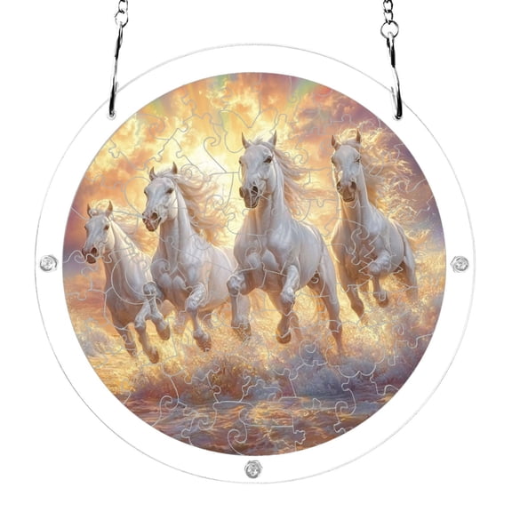 Horses Running on Beach Rainbow Clouds Acrylic Jigsaw Puzzles 83 Pieces Suncatcher for Window Hanging 7.5 Inch Holiday Home Decor