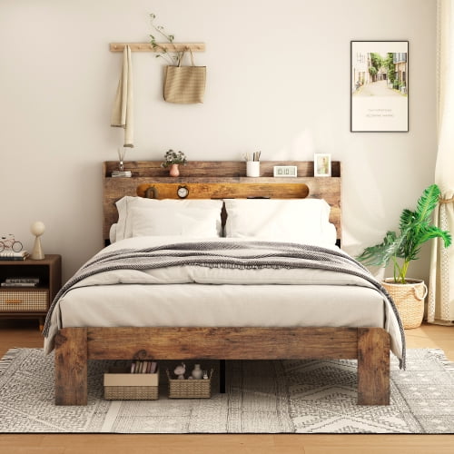 Marco de cama de plataforma de madera con cabecera de luz led de almacenamiento y 2 USB, sin ruido, No se necesita resorte de caja y herramienta de montaje fácil