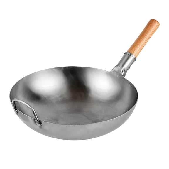Motomori 13 1/2" Carbon Steel Flat Bottom Wok / Stir Fry Pan - Hand Hammered, with Wooden Handle - 10 count box