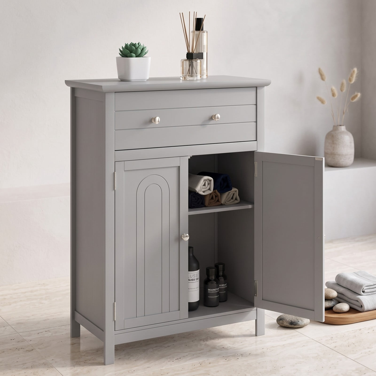 Fenbeli Wooden Bathroom Floor Cabinet, Free Standing 2-Door Storage Cabinet with Drawer and Adjustable Shelf, Waterproof MDF Side Organizer for Bathroom Living, Gray