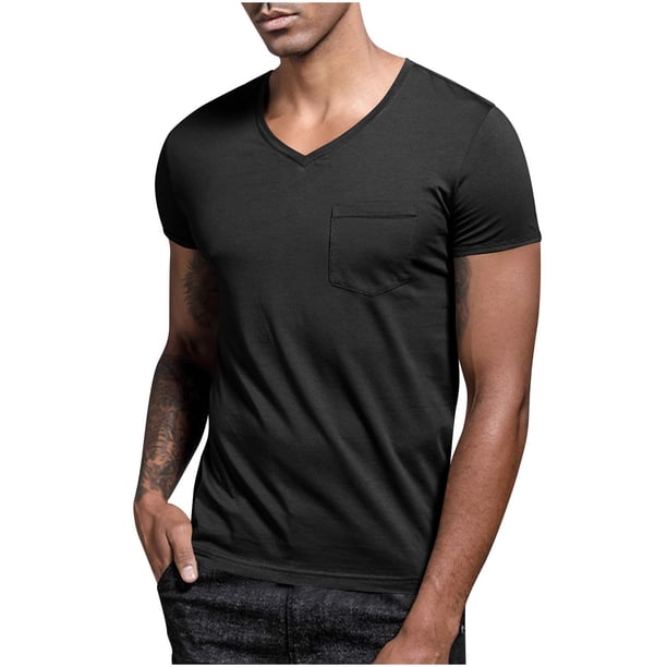 Blusas y camisas de manga corta con cuello en V para hombre, blusa informal de verano a la moda de color liso con bolsillos y manga corta con cuello en V para hombre