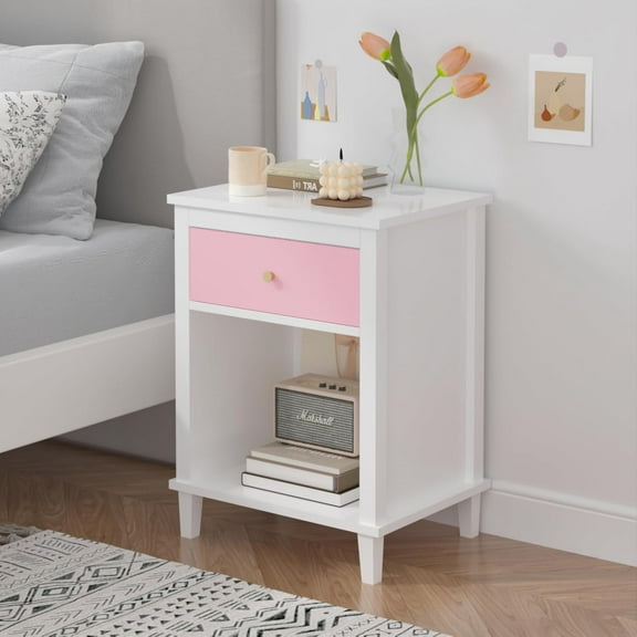 Small White & Pink Nightstand with 2-Tier Cabinet, MDF Modern Bedside Table for Kids Room & Small Spaces