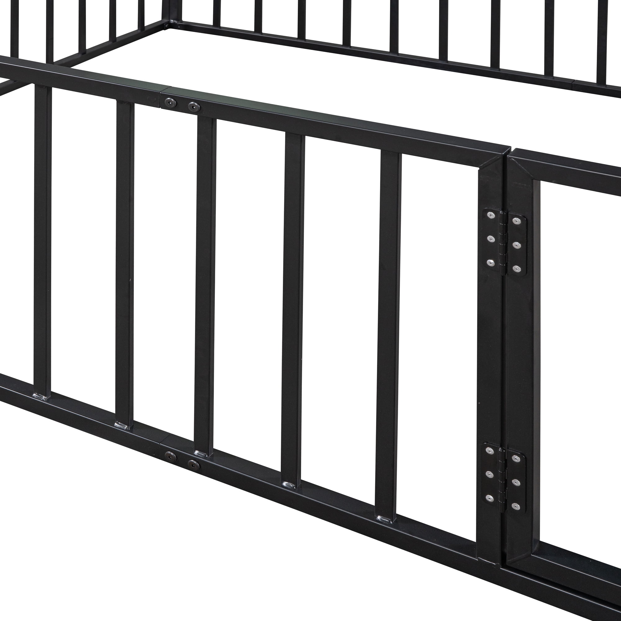 Aukfa Queen Size Metal Bed Frame with with Fence and Door, Floor Bed for Kids Toddler, Black