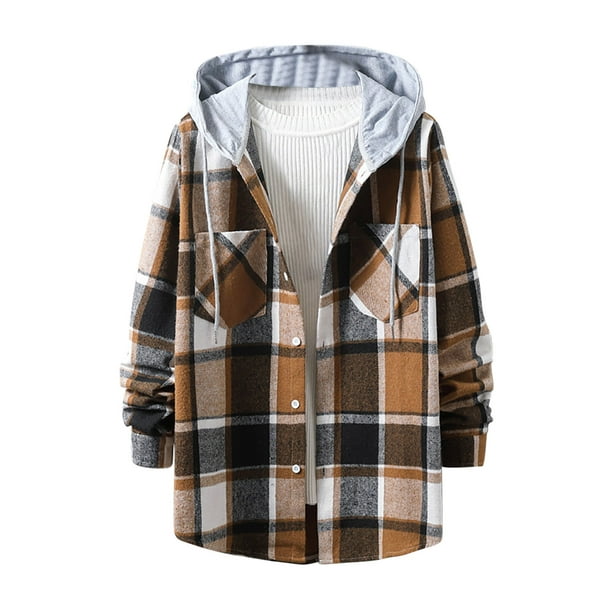 Timifis Men's Plaid Hooded Shirts Jacket Casual Long Sleeve Lightweight Shirt Jackets-Khaki - Fall Savings Clearance Other M