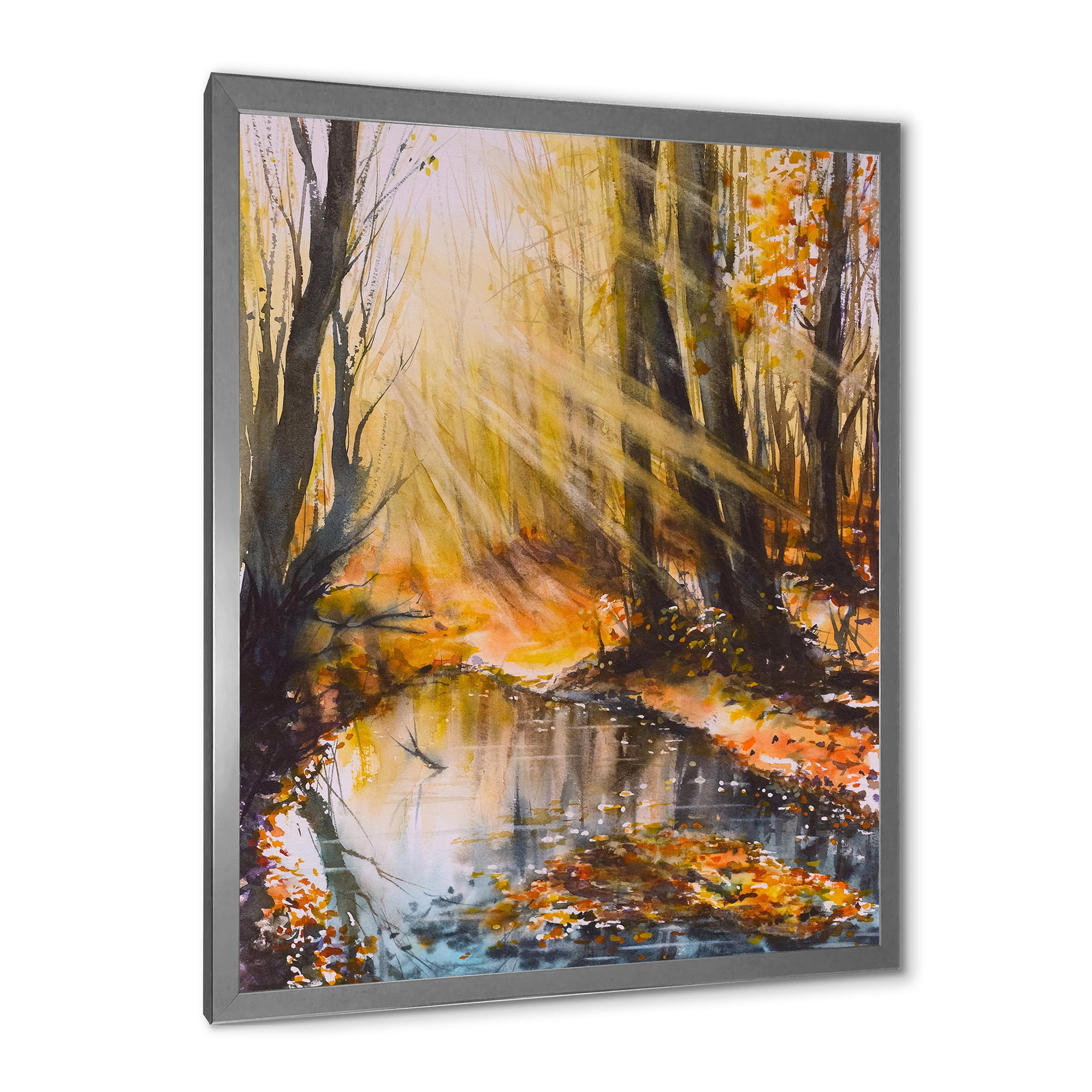 Designart 'Bright Sunshine Through The Brown Forest Trees' Lake House Framed Art Print