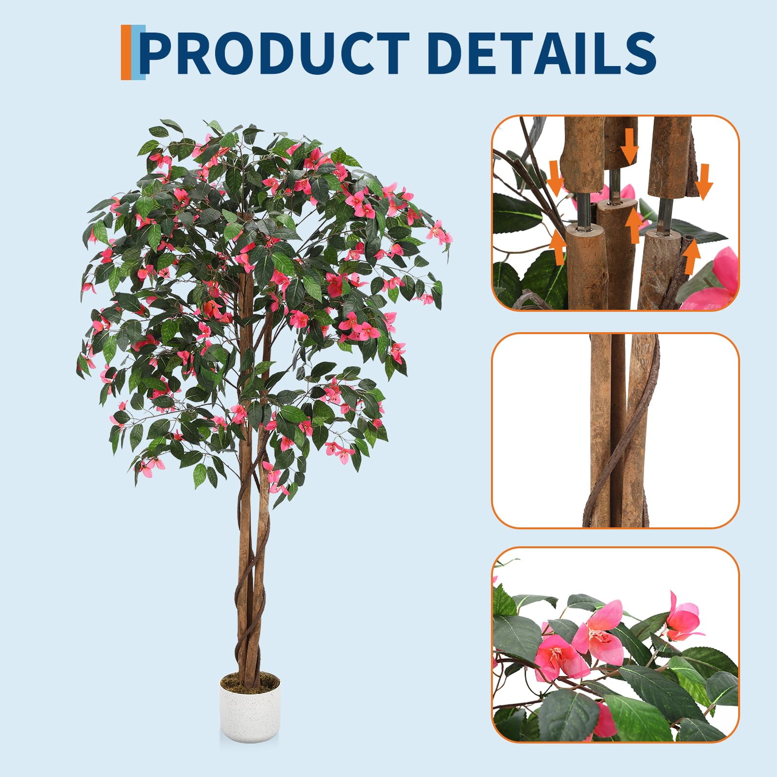 Gaderth Artificial Bougainvillea Tree 6FT, Maintenance-Free Artificial Bougainvillea Plants Indoor & Outdoor, Fake Tree with Silk Flowers in Pot for Home Office Garden Decor