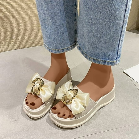 

Giligiliso Clearance womens Sandals ladies Slope Heel Sponge Cake Thick Sole Sandals Straight Bow Tie Slippers