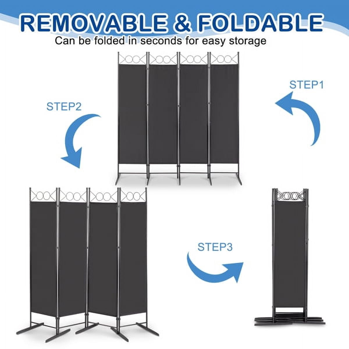 5.74Ft Foldable Screen, 4-Fold Top With Shape 160g Polyester Cloth Plastic Feet Carbon Steel Frame, Black
