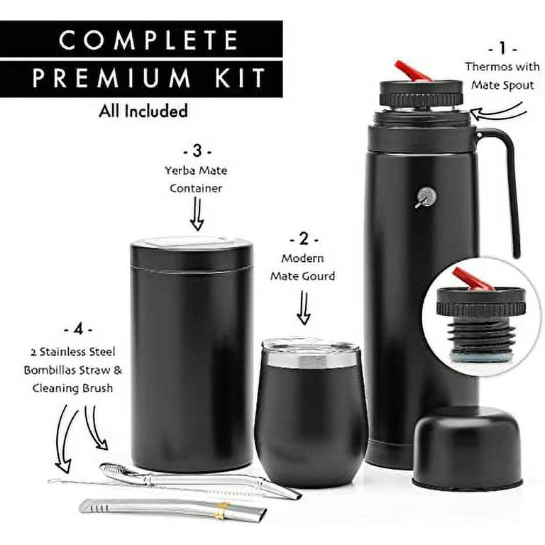 BALIBETOV Complete Yerba Mate Set - Modern Mate Gourd, Thermos, Yerba  Container, Two Bombillas and Cleaning Brush Included BLACK PREMIUM