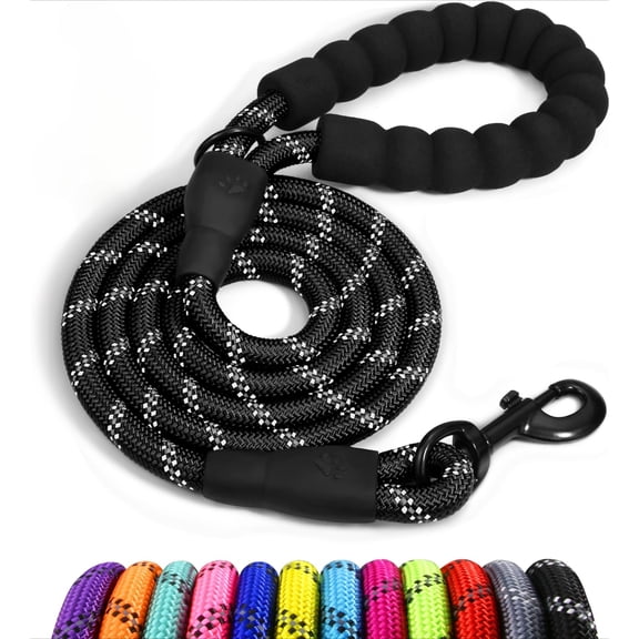Rope Dog Leash with Comfortable Padded Handle, Highly Reflective Threads Leash and Anti-Tangle Clip for Walking Medium Large Dogs