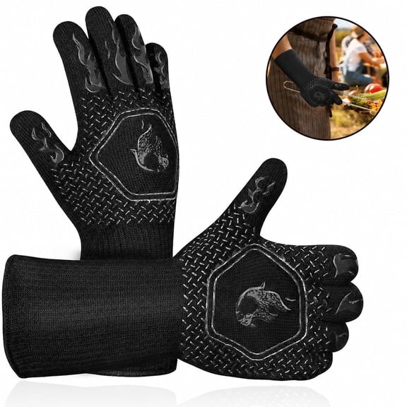 Heat Resistant Grill Gloves, 3-Layer Insulated Fireproof Oven Mitts with Silicone Grip, Extended Wrist Protection, Reusable Washable Gloves for Grilling, Cooking, Baking