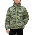 thumbnail image 2 of Spazoro Boys Padded Jacket with Pockets, Stand Collar Regular Fit Dinosaur Print Full Zip Elastic Cuffs Winter Outerwear for Kids Army Green Size 8-9, 2 of 9
