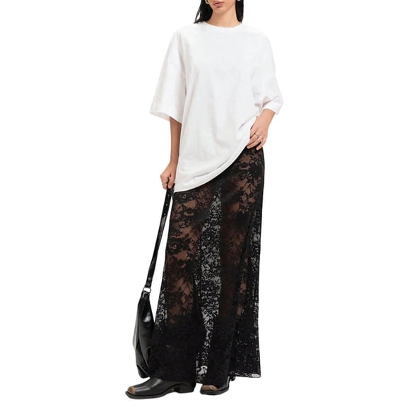 Yopmin See Through Skirts for Women High Waisted Summer Flowy A Line Maxi Sheer Skirt for Vacation Dating Night Club Party