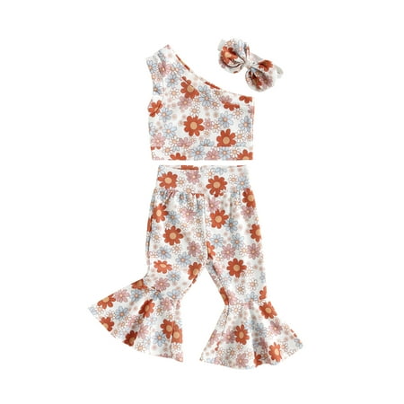 

Emmababy Girls Sleeveless One Shoulder Vest with Floral Flared Pants and Headband