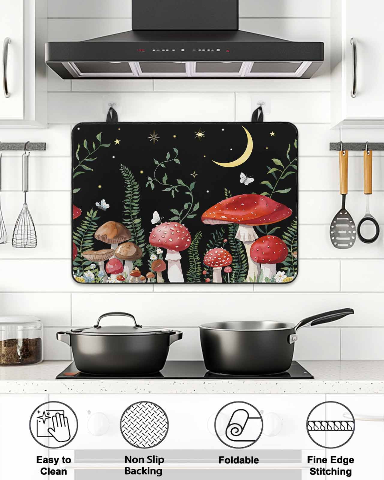 Stove Top Covers for Electric Stove, Mushrooms Black Glass Stovetop Cover Protector, Botanical Leaf Butterflies Country Moon Induction Cooktop Protector Oven Mat for Kitchen Countertop 24"x21"