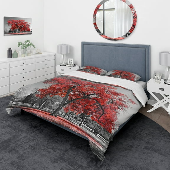 Designart 'Big Red Tree on Foggy Day' Traditional Duvet Cover Set