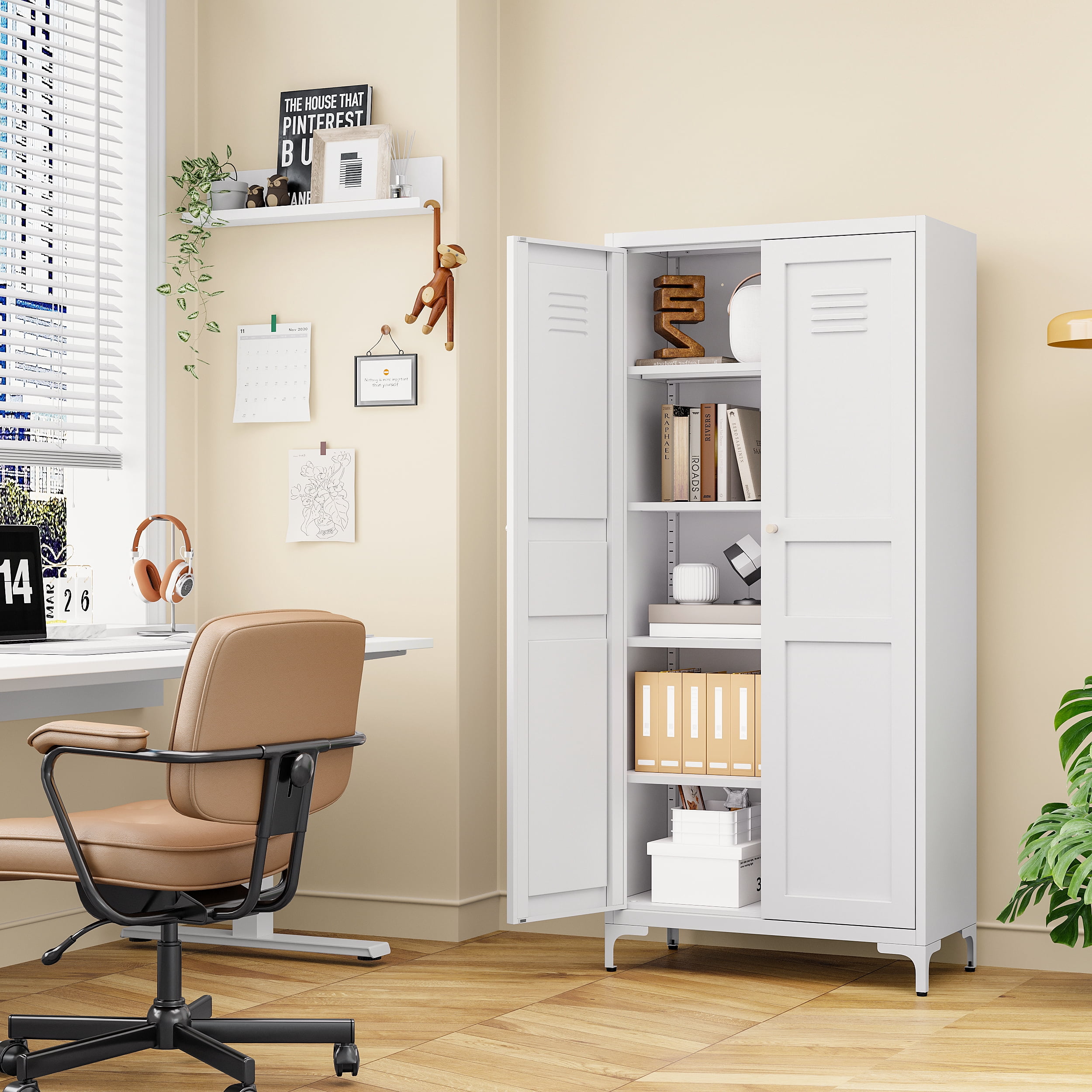 STANI Freestanding Storage Cabinet with 4 Adjustable Shelves and Legs, Metal/Alloy Steel, for Cupboard/Dining Room/Bathroom/Living Room/Office/Laundry Room (White, 61"H)