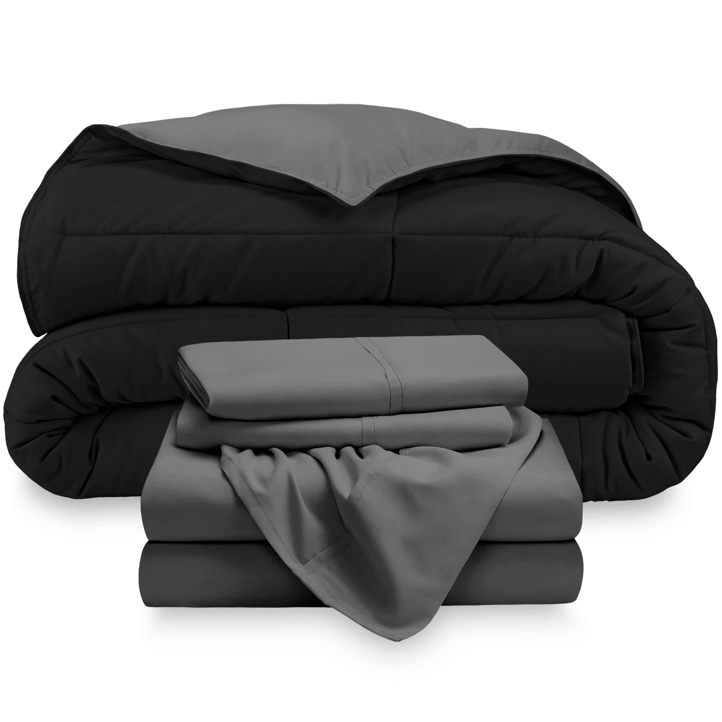 Bare Home Microfiber 4-Piece Black/Gray Comforter, Gray Sheet Set Reversible Bed in a Bag, Twin