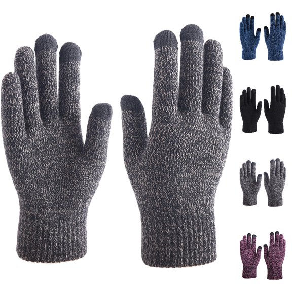 Bmisegm Mens Winter Warm Gloves Wool Knitting Coldness Proof Thickened Outdoor Full Finger Lined Warm Mittens Black grey