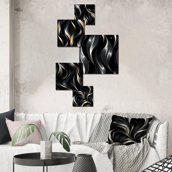 Designart "Floral Elegance In Black And Silver II" Abstract Wall Art Set Of 5 - Black Glam Wall Living Room Decor Set