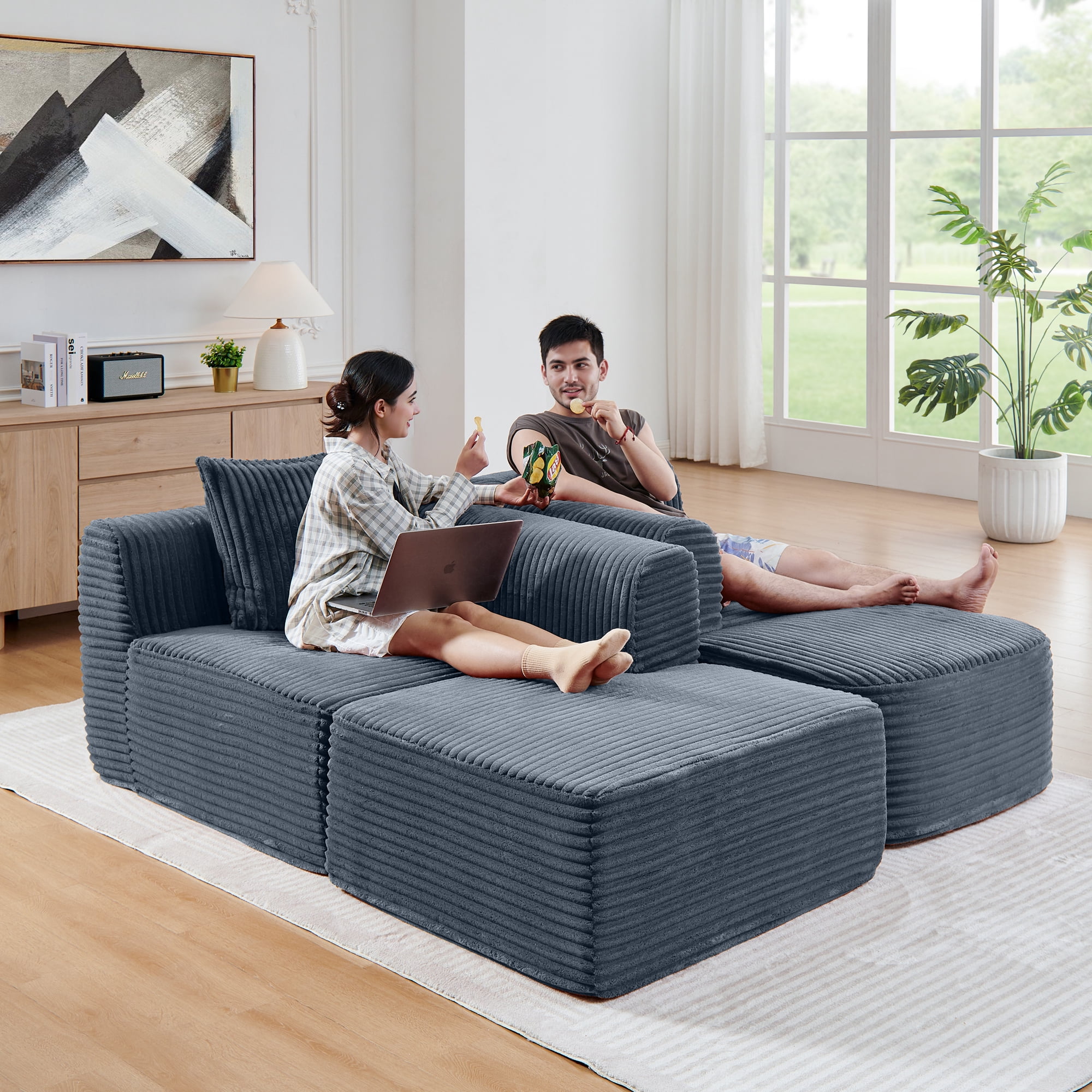 Leumius 114" Cloud Sectional Couch with L-Shape Chaise,Upholstered Corduroy Modular Sofa with Movable Ottoman for Living Room Bedroom, No Assembly Required,Grey