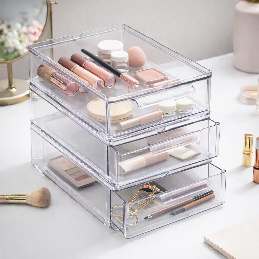 Clear Stackable Storage Drawers Small 3 Pack Durable Plastic Organizer with Built-In Handles Modular Acrylic Organizer Drawer Set