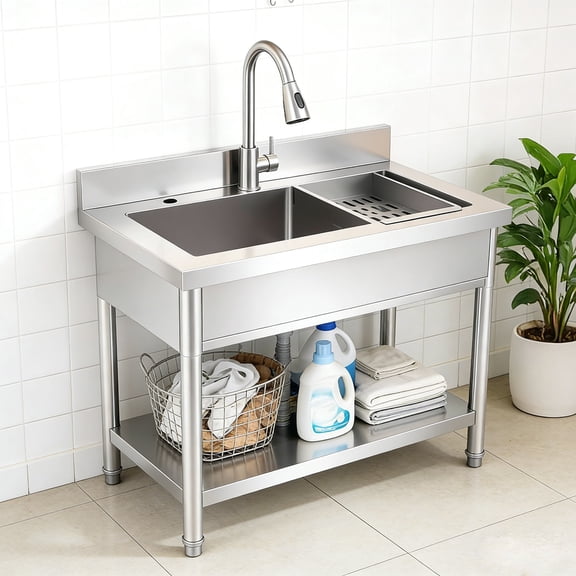 Free-Standing Commercial Sink with Cold and Hot Water Pipe and pull-out Faucet, Heavy Duty Commercial Utility Sink, Freestanding Laundry Tub for Pet Shop