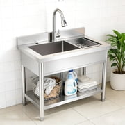 Free-Standing Commercial Sink with Cold and Hot Water Pipe and pull-out Faucet, Heavy Duty Commercial Utility Sink, Freestanding Laundry Tub for Pet Shop