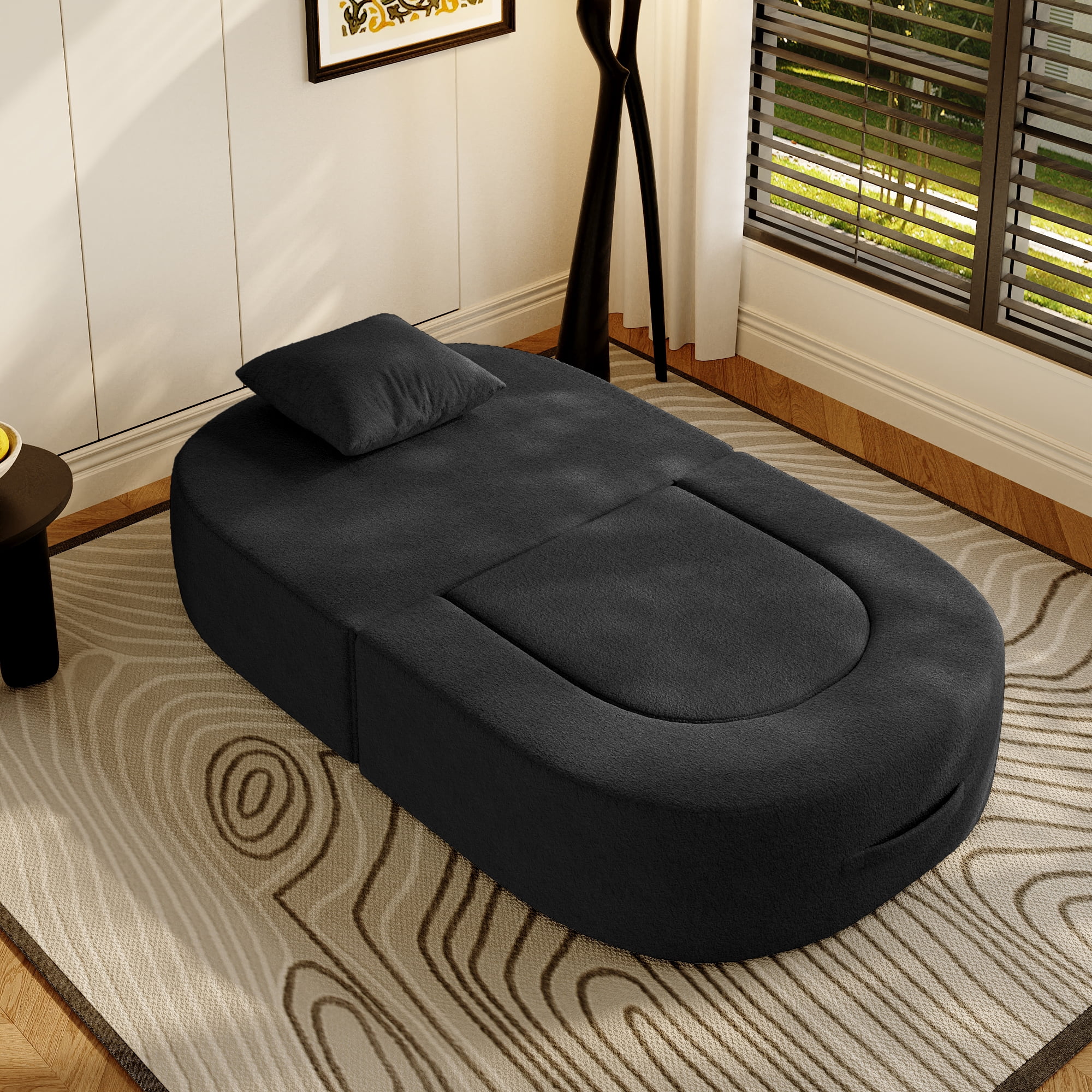 The Magic Home 41" Futon Sofa Bed Teddy Fleece Futon Couch Convertible Sleeper Floor Sofa Bed Upholstered Couch Reading Chair for Living Room, Black Couch, No Assembly