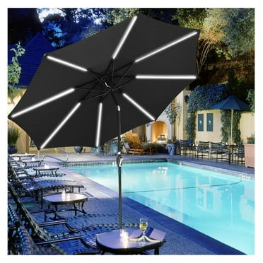 10Ft Solar Powered LED Light Bar Patio Umbrella with Tilt and Crank for Outdoor Garden Yard Deck Market Table