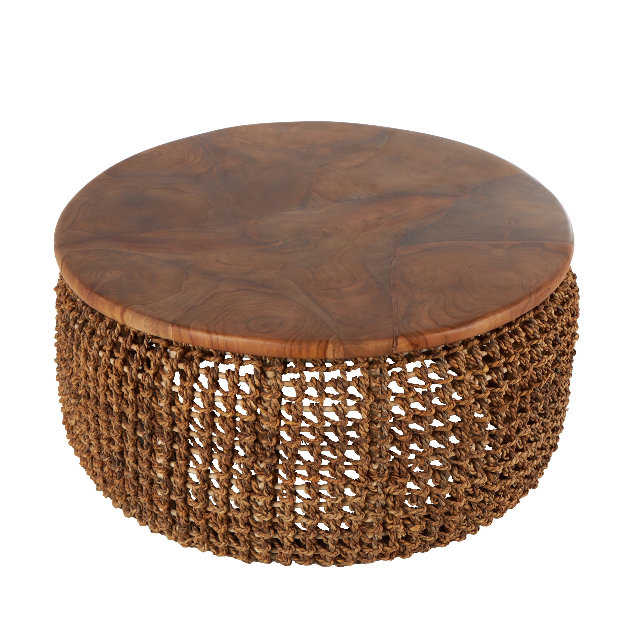 DecMode 33" x 16" Brown Rattan Woven Coffee Table with Teak Tabletop, 1-Piece