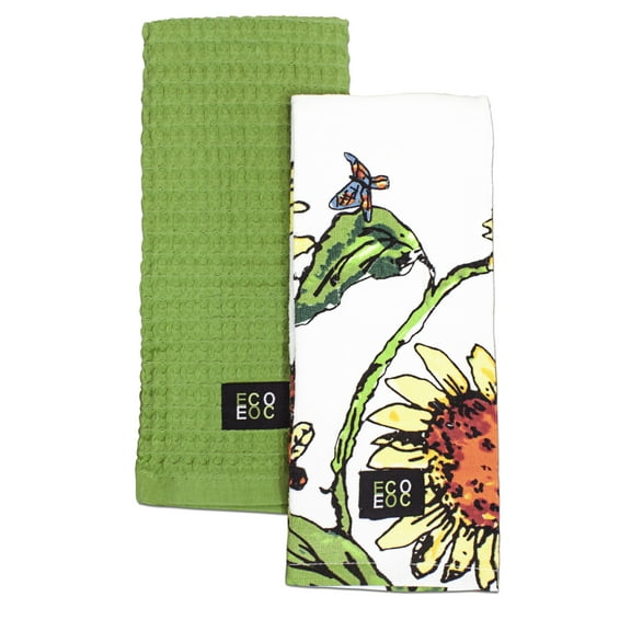 Nouvelle Legende Cotton Towel, Sunflower Print, 16 x 28" Green and White, 2 Towels