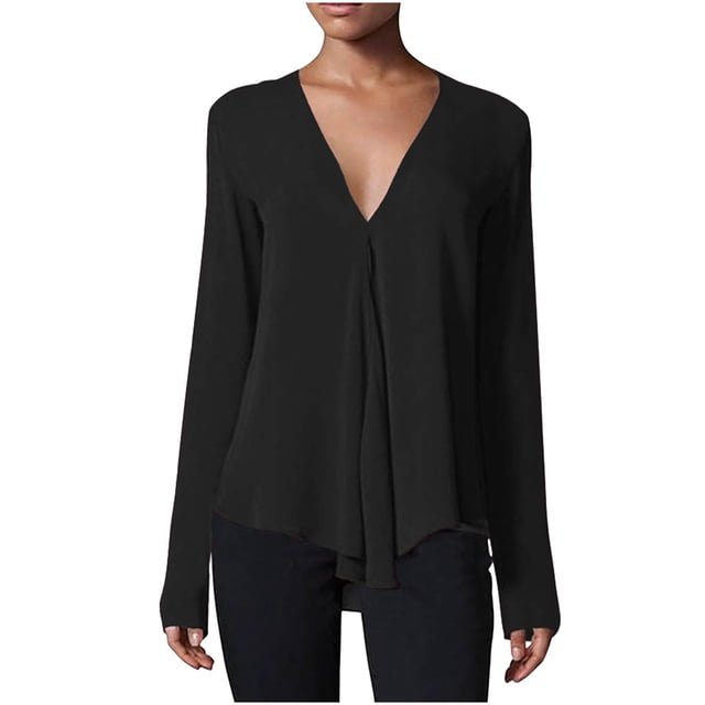 Timegard Womens Long Sleeve Tops V-Neck Solid Color Flowy Tshirts Fall Casual Tunic Tops for Leggings