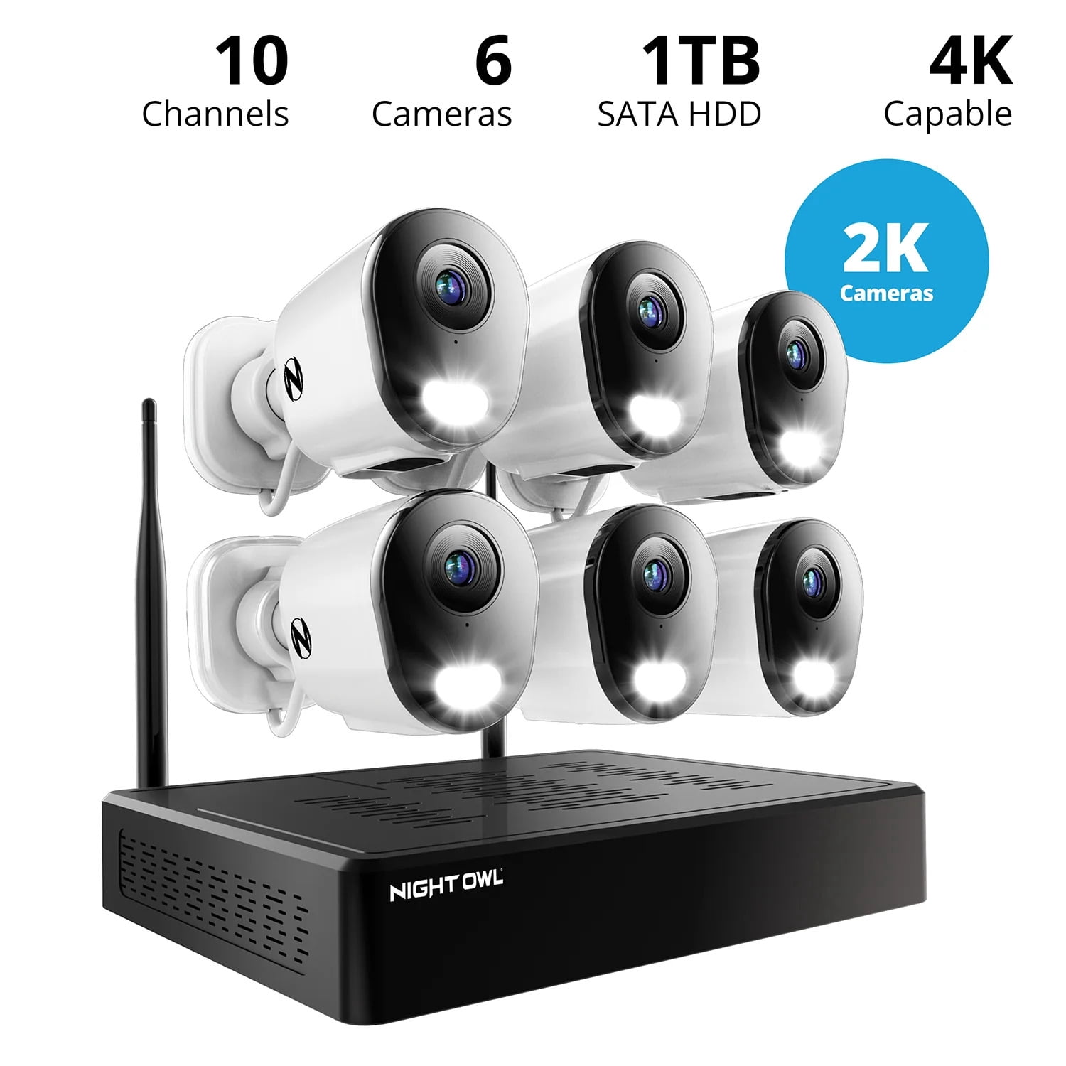 Night Owl 10 Channel 4K Wi-Fi NVR Security System with 1TB Hard Drive and 6 Wi-Fi IP 2K Deterrence Cameras with 2-Way Audio