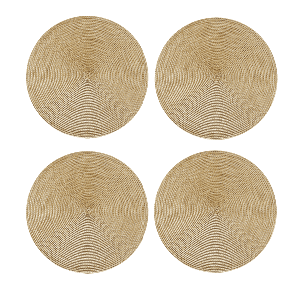 MODANU 4 Pack Large Polypropylene Woven Placemats for Dining Table, 15 inch Round Indoor Woven Fabric Table Mats, Heat Resistant Non-Slip Weave Placemats Handmade, Gold