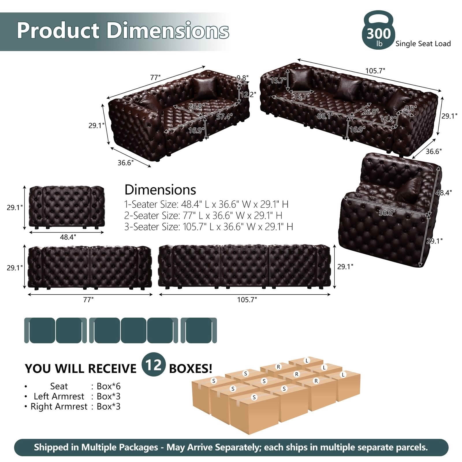 MAYEERTY 6‑Seat Faux‑Leather Modular Sofa, Handcrafted Button Tufted Couch with 6 Pillows for Living Room & Small Apartment