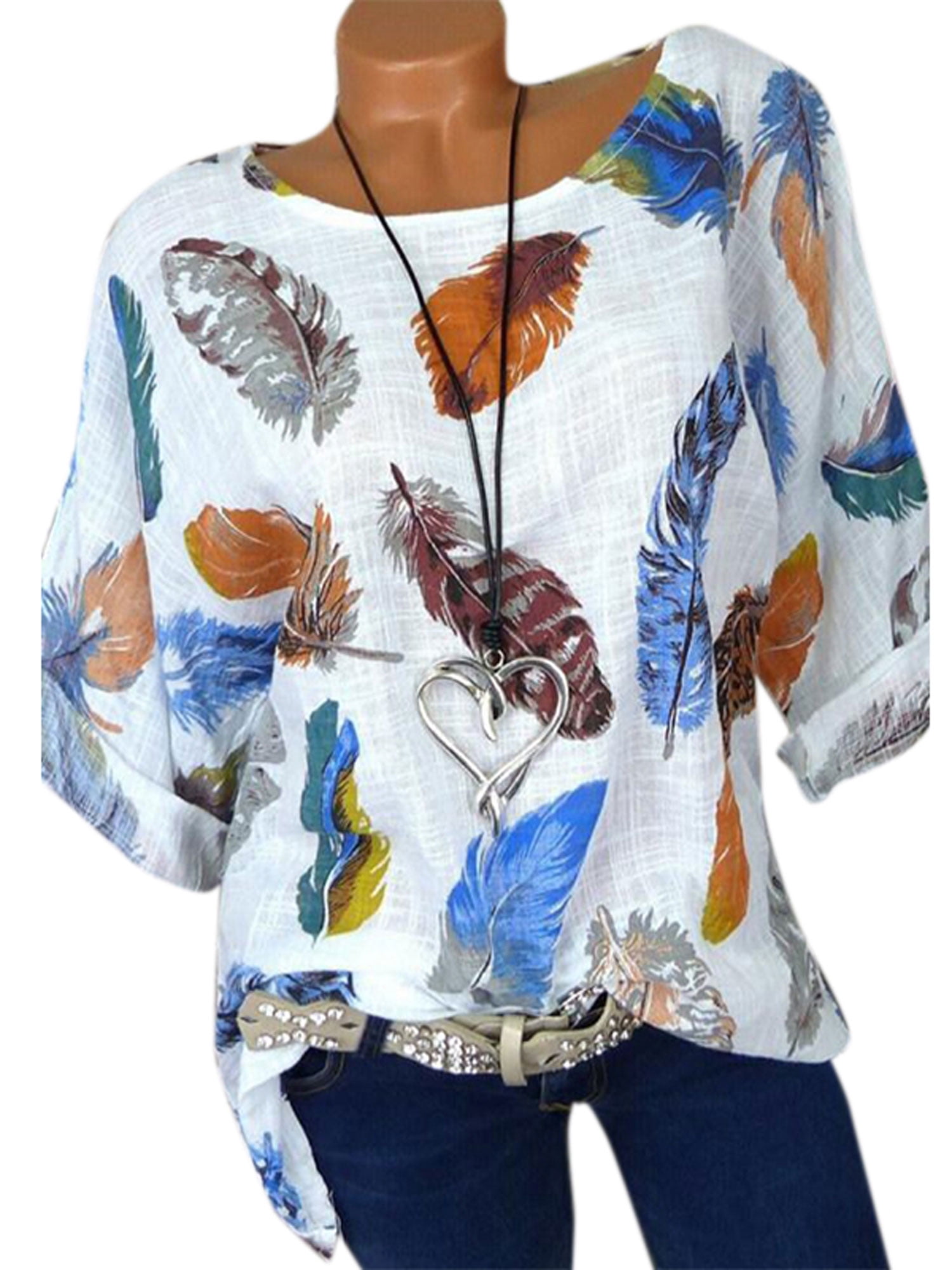 Wodstyle - Women's Boho Floral Batwing 3/4 Sleeve Casual Loose Plus ...