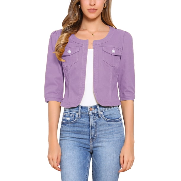 CHAQUETA DE JEAN CORTA SIN CUELLO PARA MUJERES CON MANGAS 3/4 EN MAGENTA TALLA M