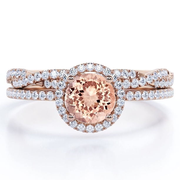 JeenMata Anillo Nupcial con Diseño Infinito de Pavé de Moissanita y Morganita de Talla Brillante Redonda de 1,5 Quilates Engastado con Halo de Cuatro Puntas Engastado en Plata