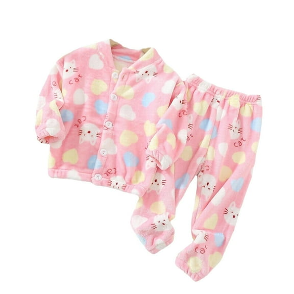 Coerni 2Pcs Flannel Outfits for Toddler Boys Girls Winter Long Sleeve Cartoon Prints Fleece Homewear Tops Pants Clothes