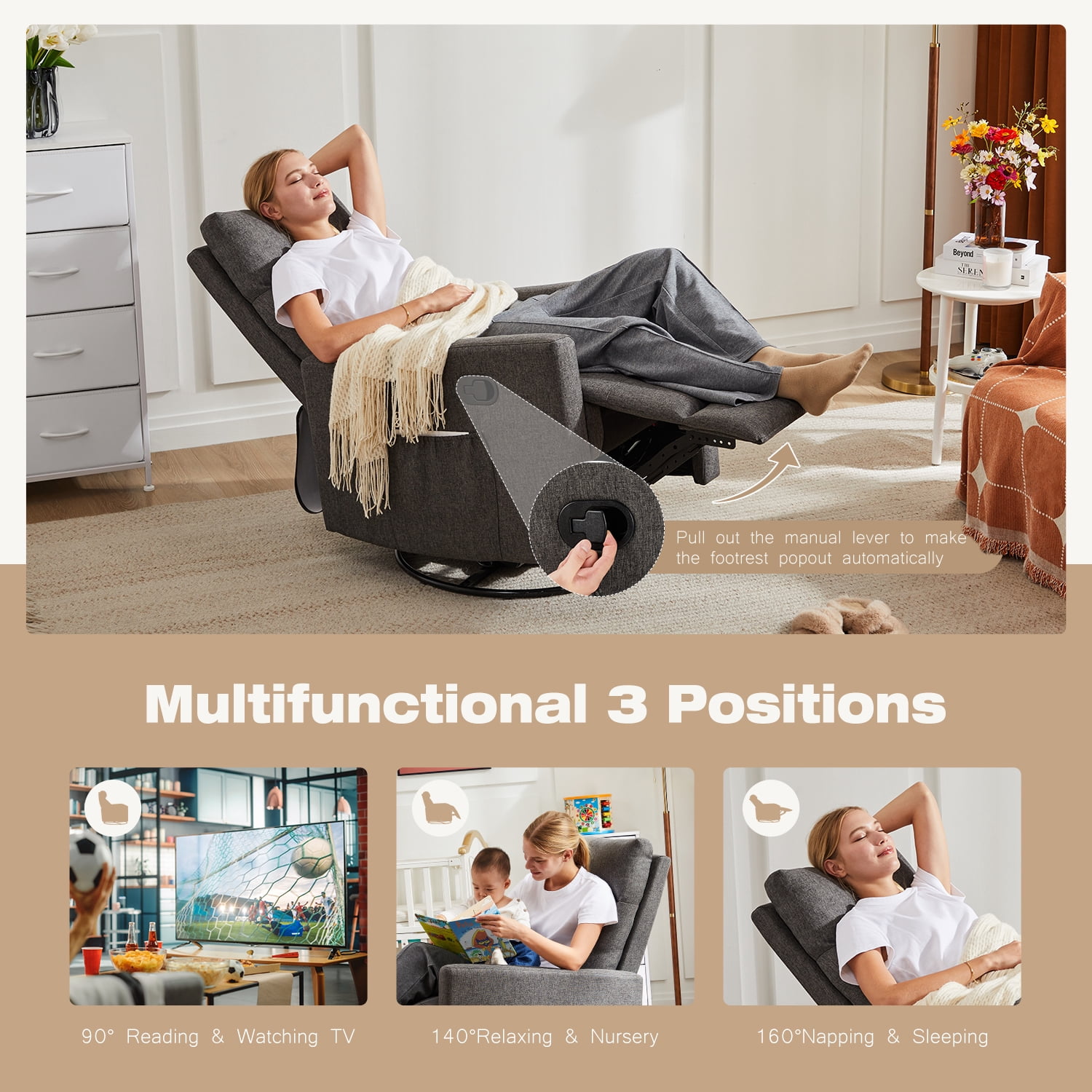 Luxurious Rocking Chair Nursery, Swivel Rocker Recliner for Ultimate Comfort in Your Nursery, Living Room, and Bedroom, Gray